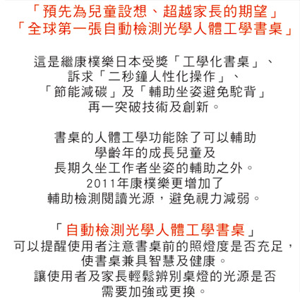 『預先為兒童設想、超越家長的期望』『全球第一張自動檢測光學人體工學書桌』這是繼康樸樂日本受獎『工學化書桌』、訴求『二秒鐘人性化操作』、『節能減碳』、『輔助坐姿避免駝背』再一突特技術及創新。書桌的人體工學功能除了可以輔助學齡年的成長兒童及長期久坐工作者坐姿的輔助之外。2011年康樸樂更增加了輔助檢測閱讀光源，避免視力減弱。『自動檢測光學人體工學書桌』可以提醒使用者注意書桌前的照燈度是否充足，使書桌兼具智慧及健康。讓使用者及家長輕鬆辨別桌燈的光源是否需要加強或更換。