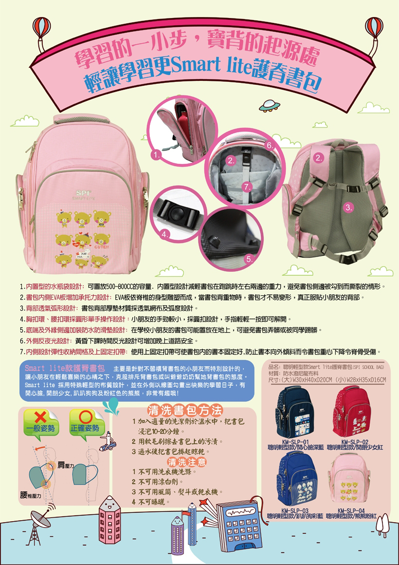 內置型的水瓶袋設計，上肩帶減輕重力及拉力的設計，書包內側eva板增加承托力設計，背部透氣弧形設計，胸扣環、腰扣環採圓形單手操作設計，底端及外緣側邊加裝防水防滑墊設計，外側反夜光設計，內側設計彈產收納間格及上固定扣帶。